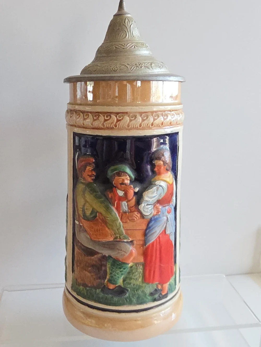 Vintage Original Gerz German Beer Stein w/ Pewter Lid -Cobalt Blue Tavern Scene